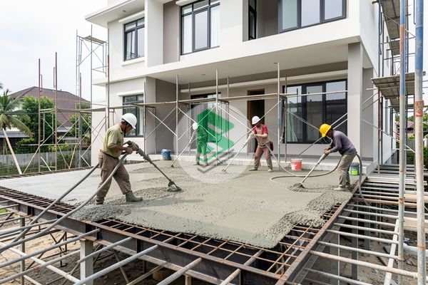 Ilustrasi pengecoran lantai rumah tingkat dengan concrete pump